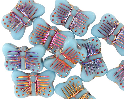 Czech Glass Matte Alice Blue w/ Rainbow Metallic Butterfly 16x11mm