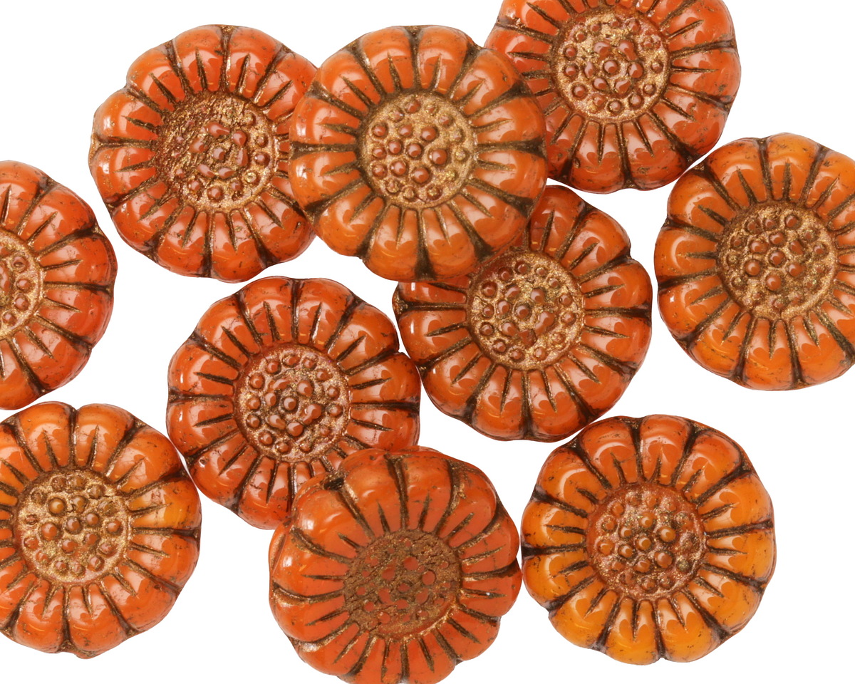 Czech Glass Pumpkin w/ Bronze Sunflower 13mm