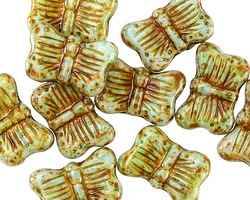 Czech Glass Mint Picasso w/ Green Stone Wash Butterfly 16x11mm