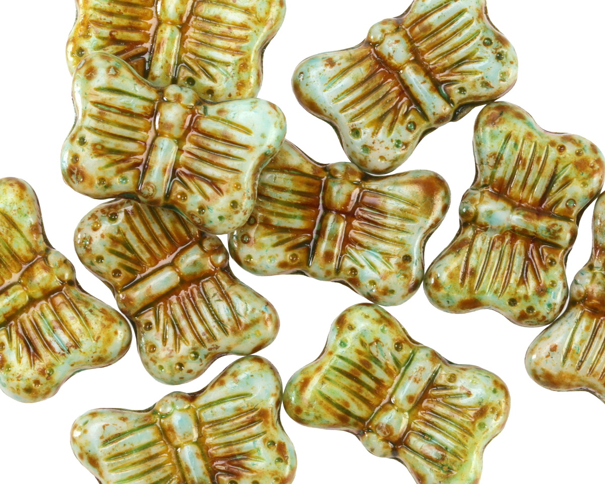 Czech Glass Mint Picasso w/ Green Stone Wash Butterfly 16x11mm