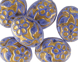 Czech Glass Matte Sapphire w/ Gold Floral Oval 21x16mm