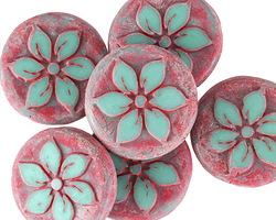Czech Glass Turquoise w/ Pink Clematis Coin Bead 18mm