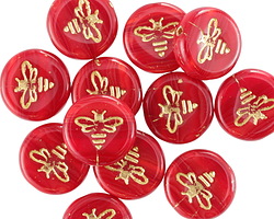 Czech Glass Ruby Swirl w/ Gold Wash Bee Coin 12mm