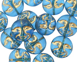 Czech Glass Matte Capri Blue w/ Gold Moon Face 13mm