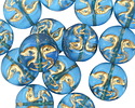 Czech Glass Matte Capri Blue w/ Gold Moon Face 13mm