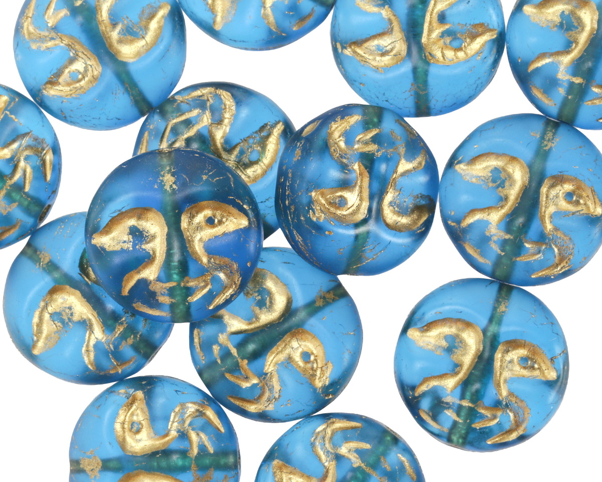 Czech Glass Matte Capri Blue w/ Gold Moon Face 13mm