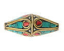Nepalese Brass w/ Coral & Turquoise Mosaic Plumes Long Rice Bead 35-37x15-16mm