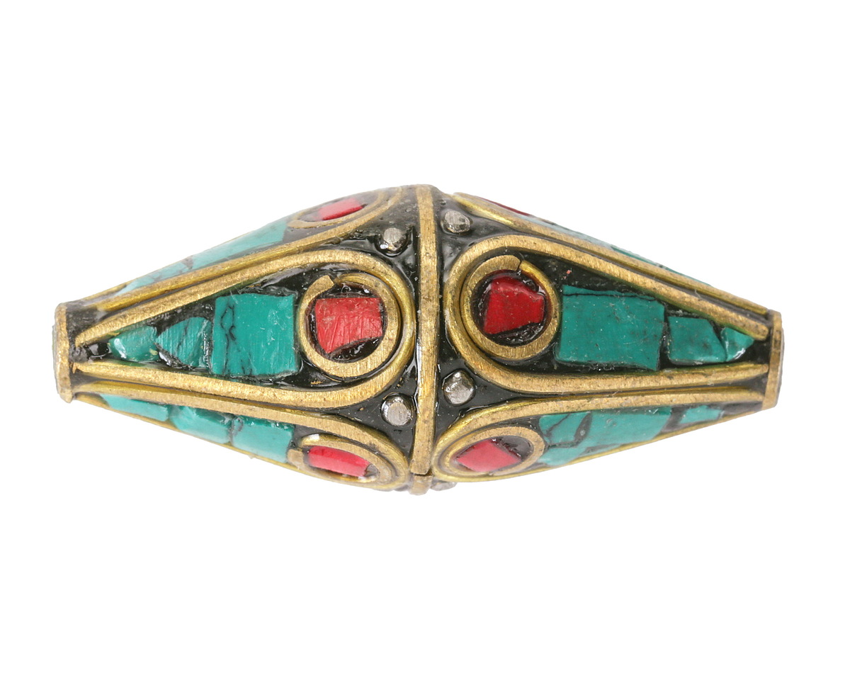 Nepalese Brass w/ Coral & Turquoise Mosaic Plumes Long Rice Bead 35-37x15-16mm