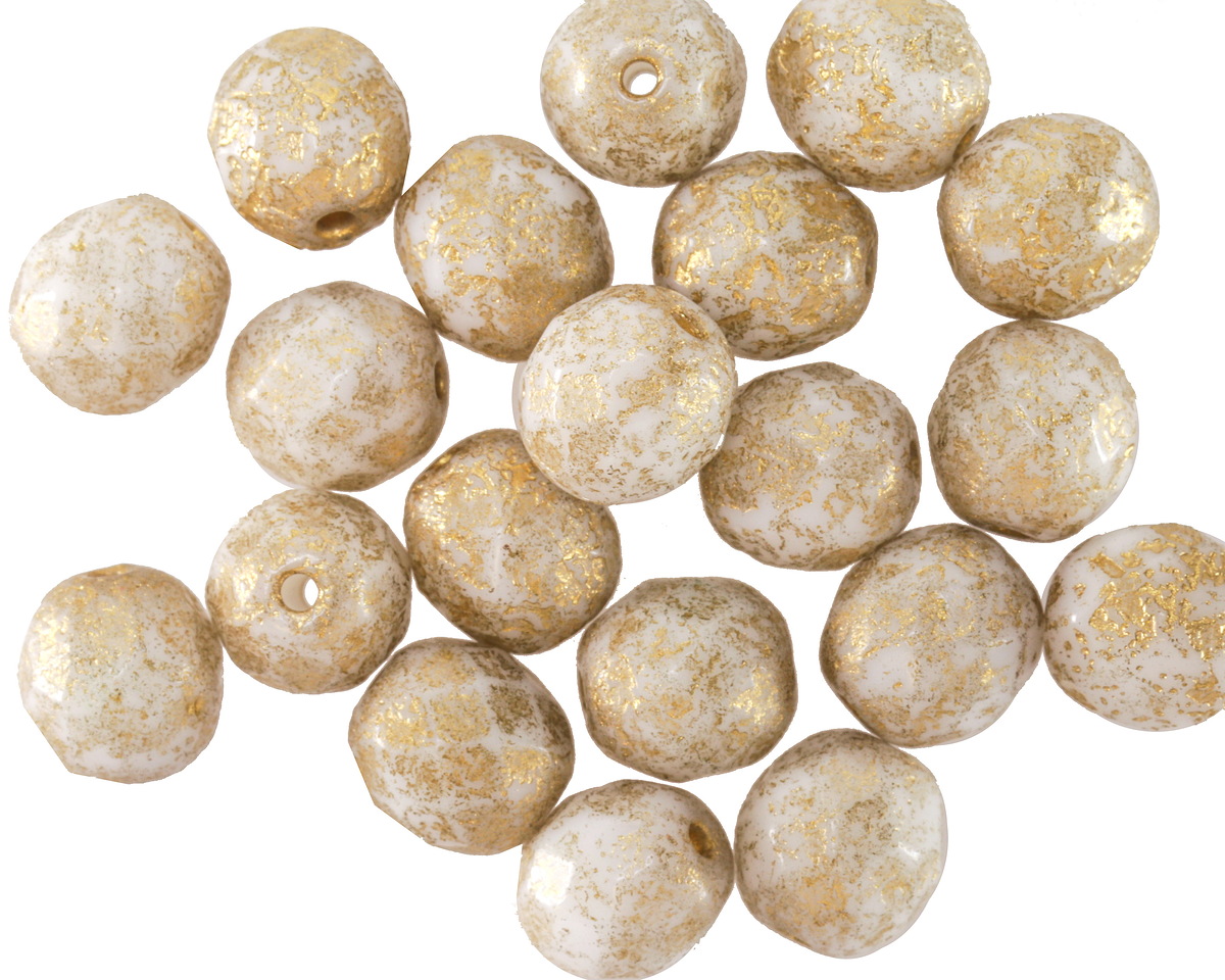 Czech Glass Textured White w/ Gold Fire Polished Round 8mm