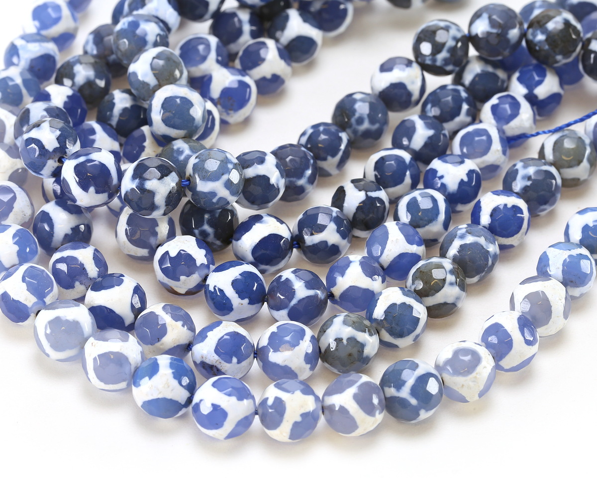 Tibetan (Dzi) Agate Patterned Blue & White Faceted Round 10mm