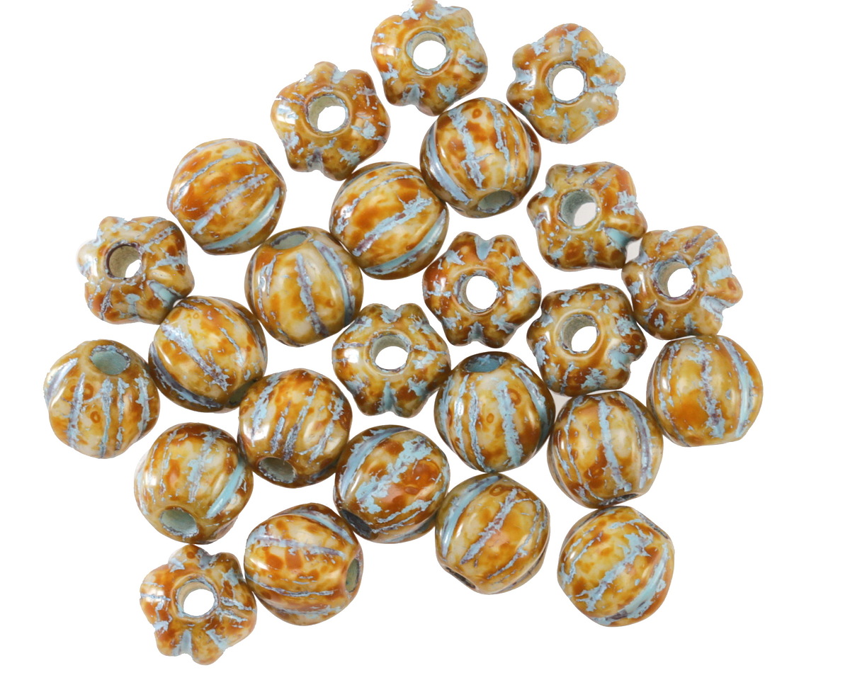 Czech Glass Bisque Picasso w/ Blue Wash Large Hole Melon Round 6mm