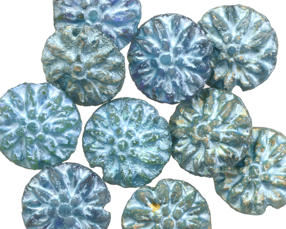 10 Pieces 14mm Czech Glass Dahlia Flower Coin Beads - Metallic Multi-Color Fire Polished