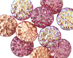 Czech Glass Metallic Pink AB w/ Copper Dahlia Coin 14mm