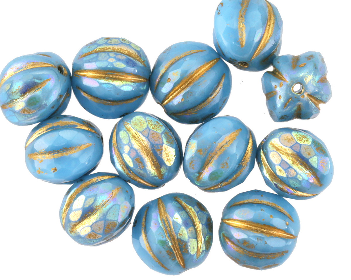 Czech Glass Blue Turquoise AB w/ Gold Faceted Melon Round 10mm