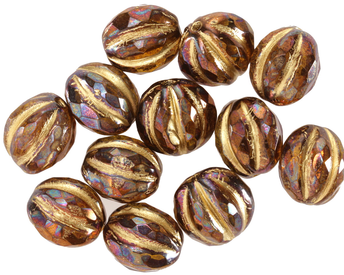 Czech Glass Dark Amber AB w/ Gold Faceted Melon Round 10mm