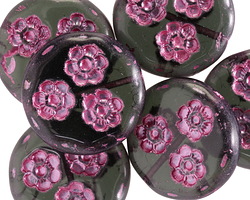 Czech Glass Black Diamond w/ Metallic Pink Flower Trio Coin Bead 21mm