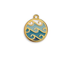 24K Gold (plated) White & Sea Blues Enameled Waves Motif Coin Focal 15x18mm