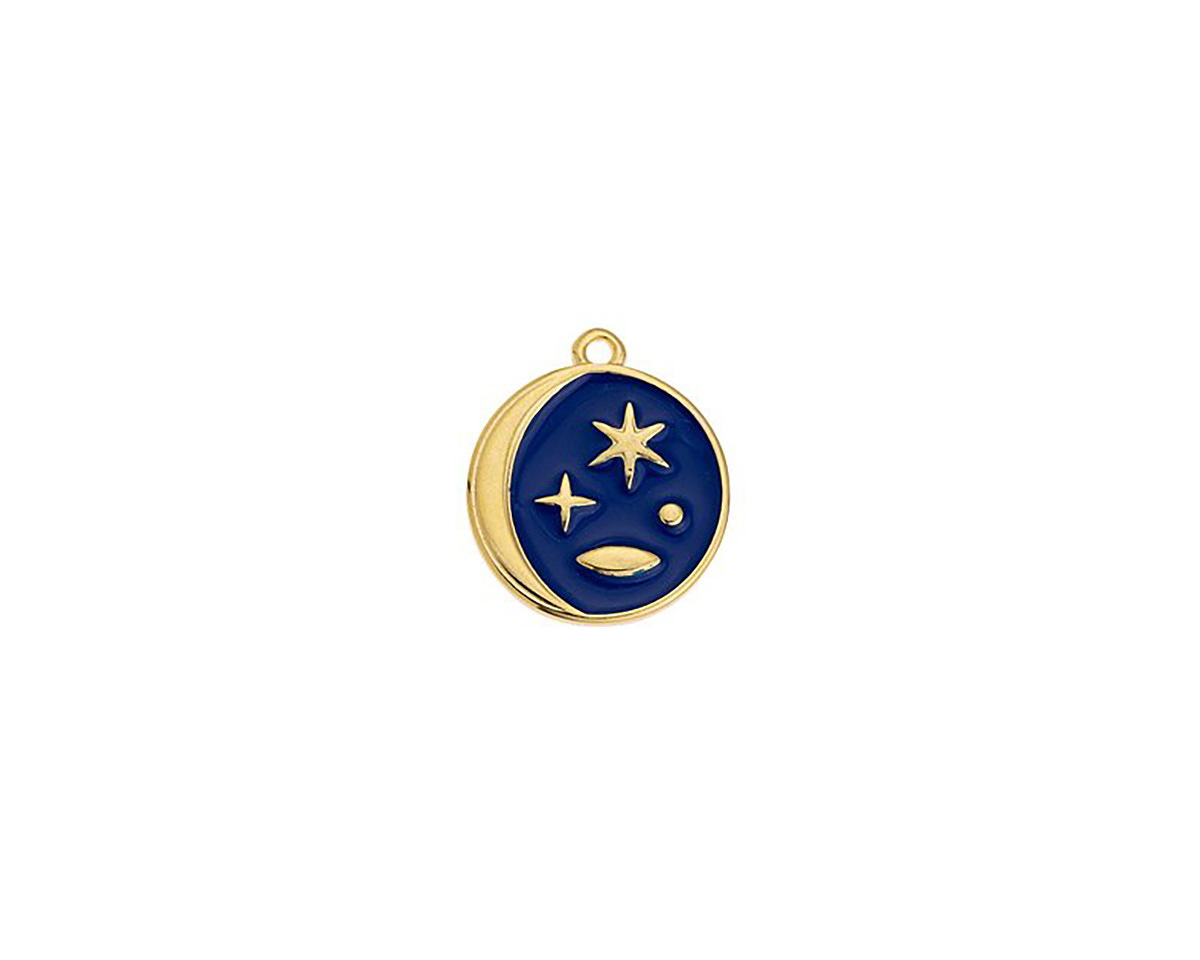 24K Gold (plated) Cobalt Enamel Crescent Moon Celestial Scene Coin Focal 18x20mm