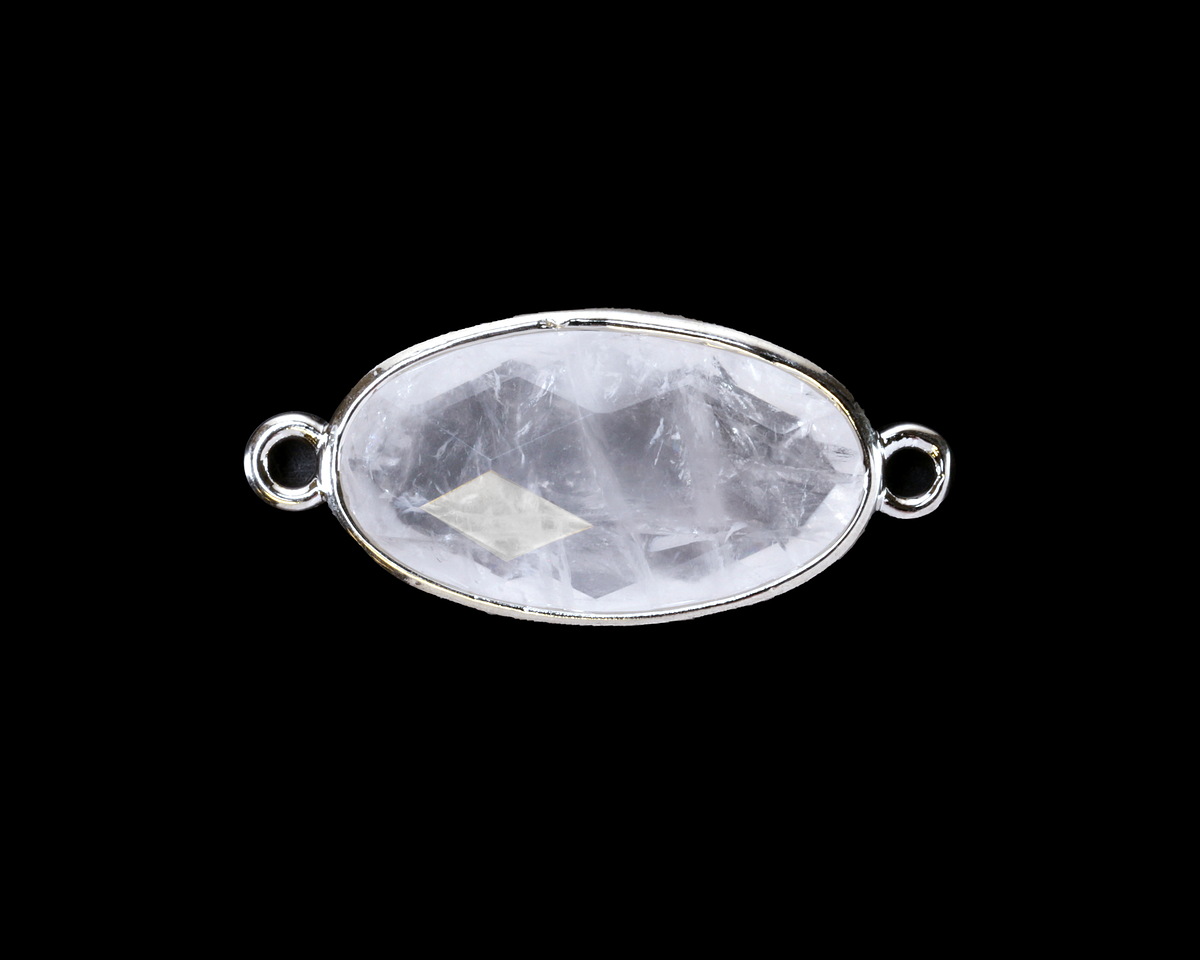 Rock Crystal Quartz Faceted Puff Oval Link w/ Silver Finish Bezel 12x20mm