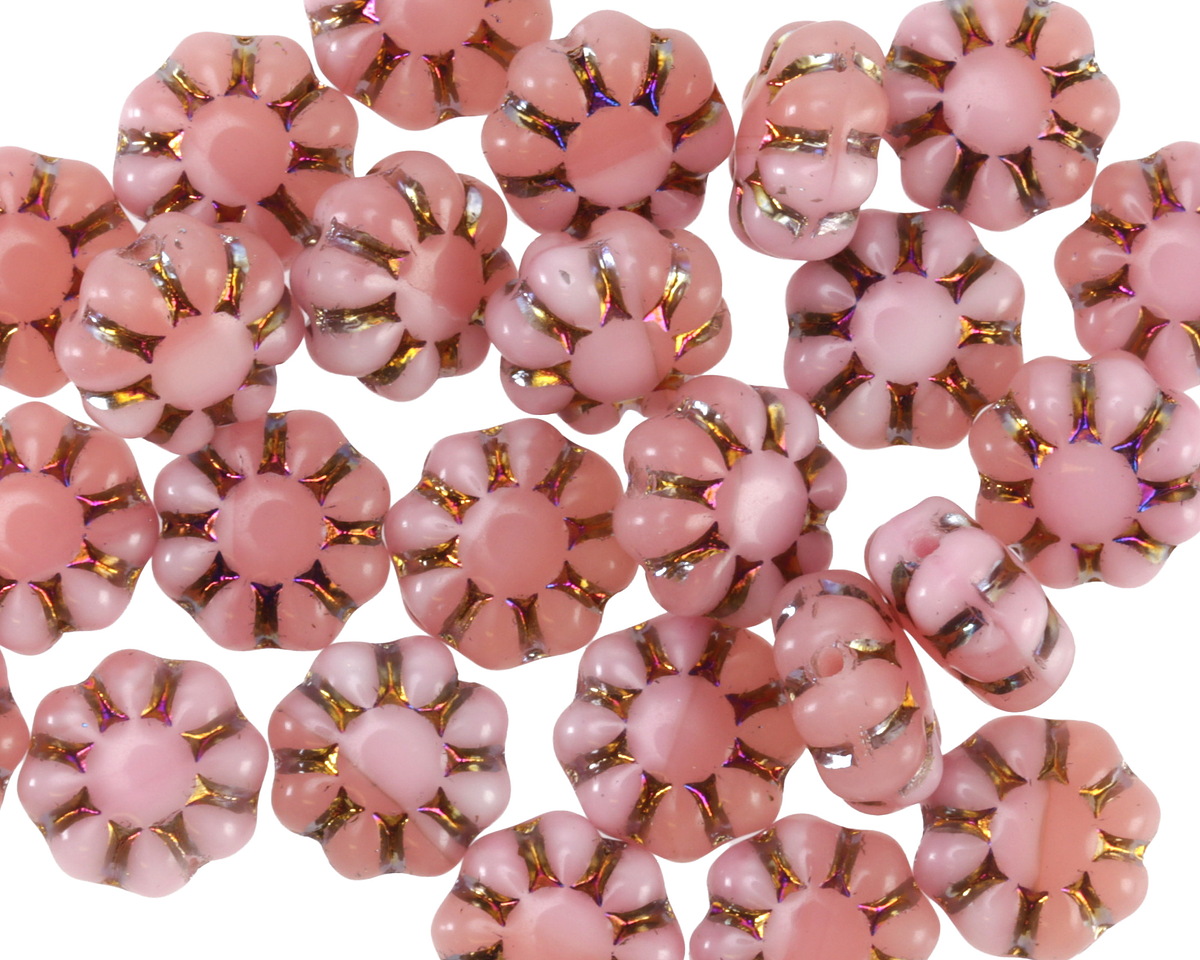 Czech Glass Marbled Pink w/ Metallic Rainbow Cactus Flower 9mm