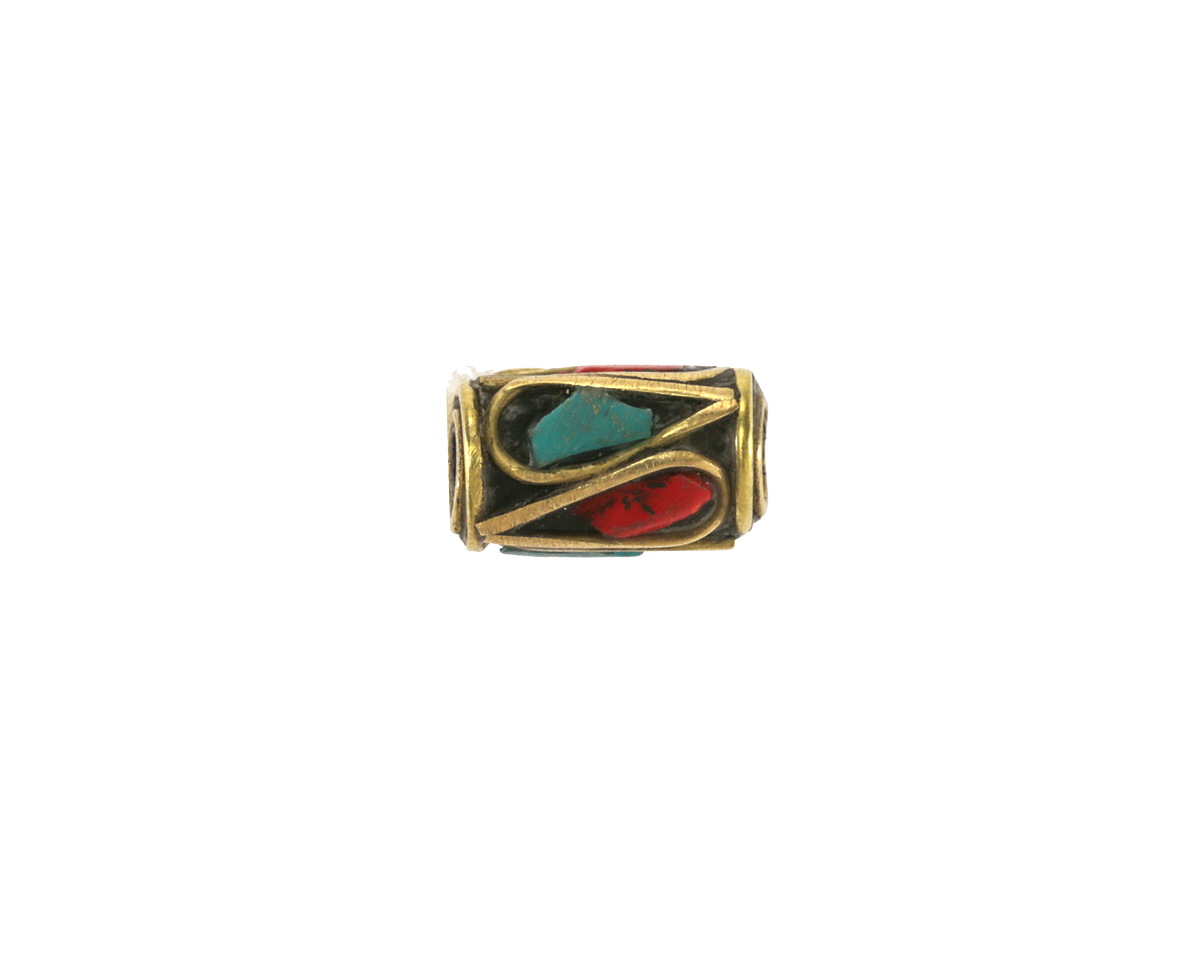 Nepalese Brass w/ Coral & Turquoise Mosaic Drops Long Tube Bead 12x9mm