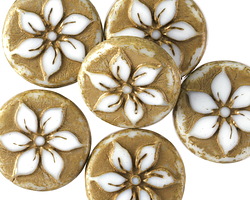 Czech Glass White w/ Antique Gold Clematis Coin Bead 18mm