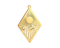 Waterproof 18K PVD Gold Plated Stainless Steel Sunrise Mountain Range Diamond Pendant 42x26mm