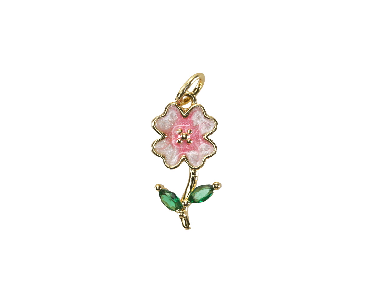 18k Gold (plated) Pink Enamel Blossom w/ Green Crystal Leaves Focal 8x16.5mm