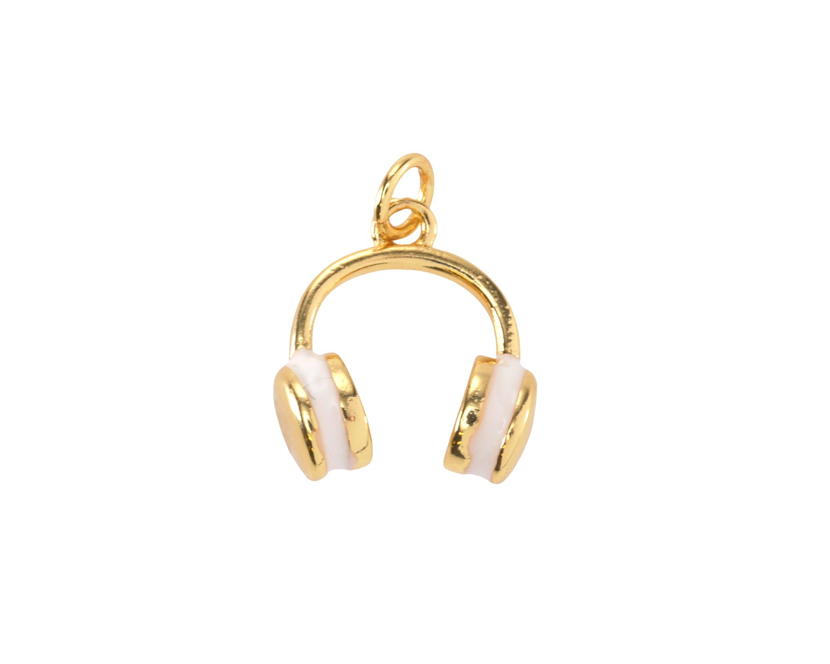 White Enamel w/ Gold Finish Headphones Charm 14x16mm