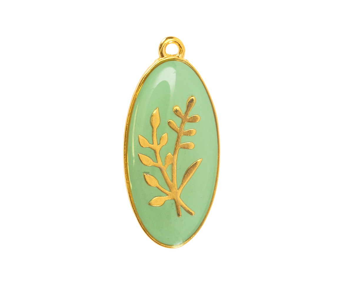 24K Gold (Plated) Sweet Mint Enamel w/ Gold Floral Design Focal 13x27mm