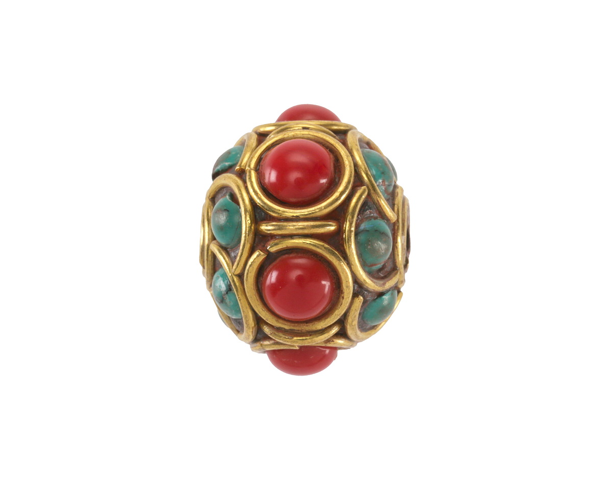 Nepalese Brass Coral Dots w/ Circles w/ Half Circles & Turquoise Rondelle 15-16x18-19mm