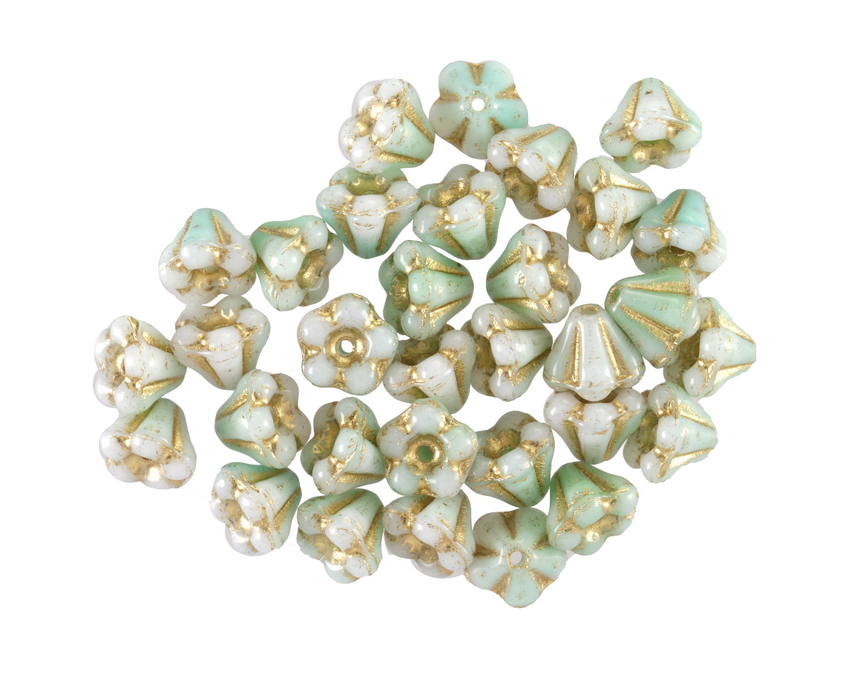Czech Glass Cool Mint w/ Gold Bellflower 5x6mm