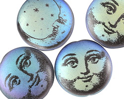 Czech Glass Laser Etched Moon on Matte Jet AB Puff Coin 20mm