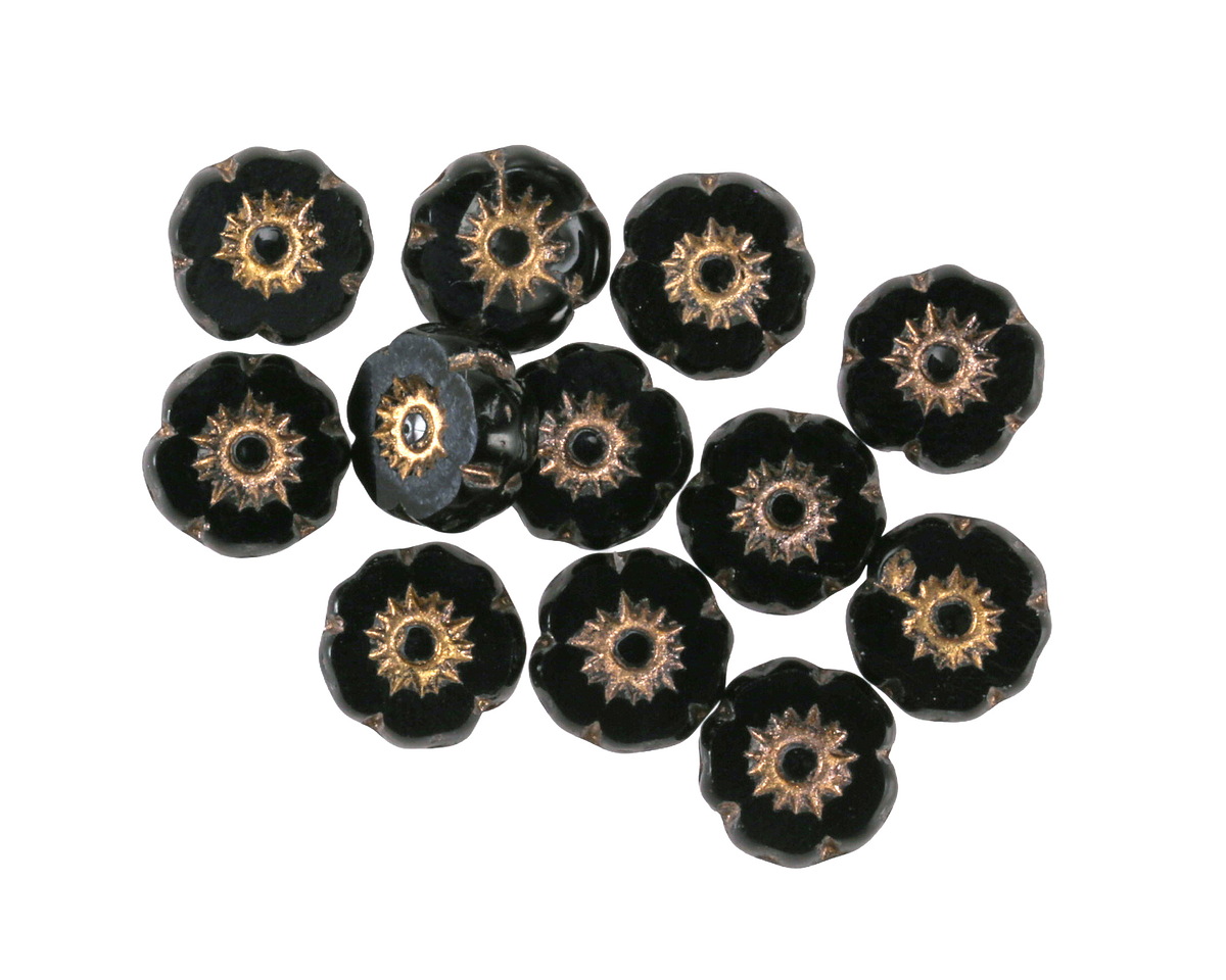 Czech Glass Jet w/ Gold Hibiscus 7mm