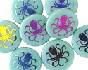 Czech Glass Laser Etched Octopus on Turquoise w/ Metallic Rainbow Coin 17mm