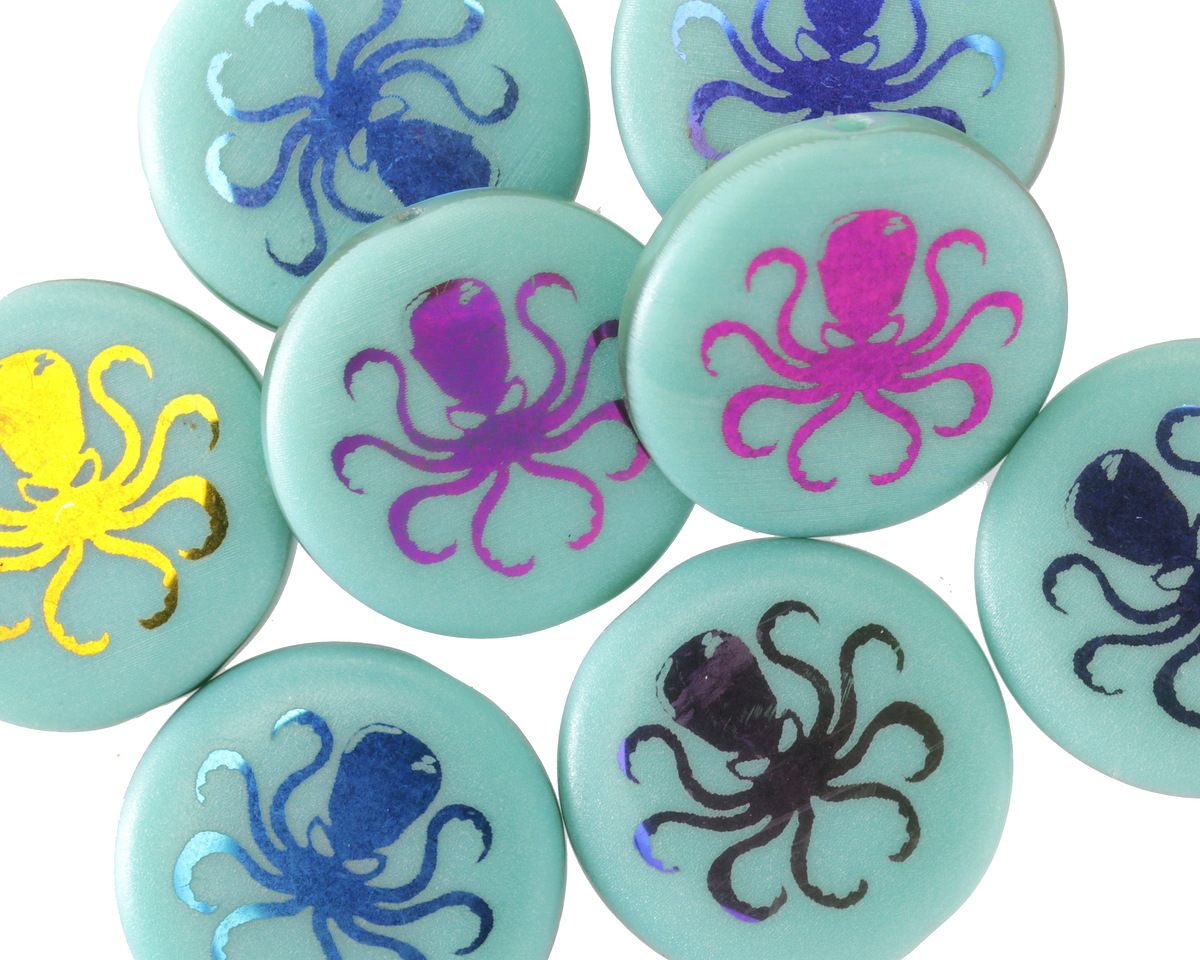 Czech Glass Laser Etched Octopus on Turquoise w/ Metallic Rainbow Coin 17mm