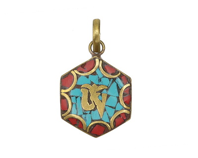 Nepalese Brass Hexagon "Om" Pendant in Turquoise & Coral Mosaic 21x35mm