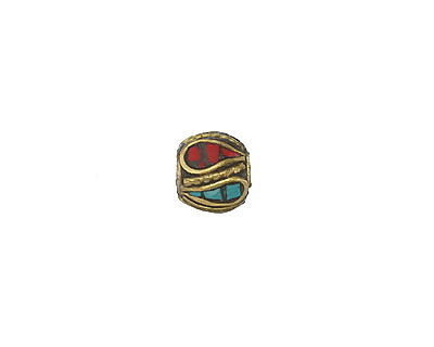 Nepalese Brass Bead w/ Turquoise & Coral Mosaic Plumes 9-12x9-12mm