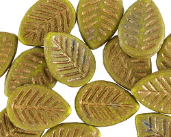 Czech Glass Matte Textured Avocado w/ Gold Carved Leaf Drop 12x17mm