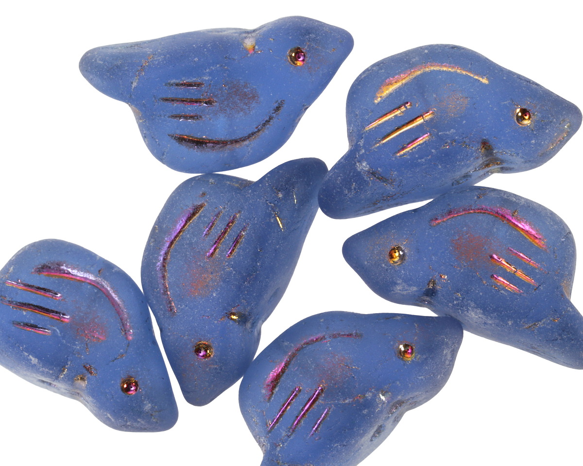 Czech Glass Matte Sapphire w/ Metallic Rainbow Bird 11x22mm