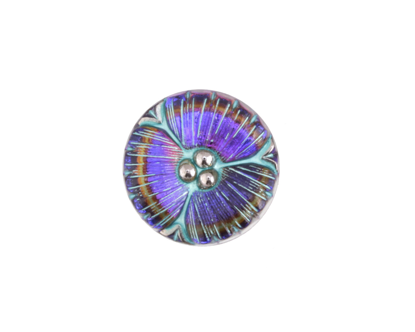 Czech Glass Electric Purple w/ Turquoise Wildflower Button 18mm