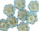 Czech Glass Matte Aquamarine w/ Gold Wild Rose Coin 13mm