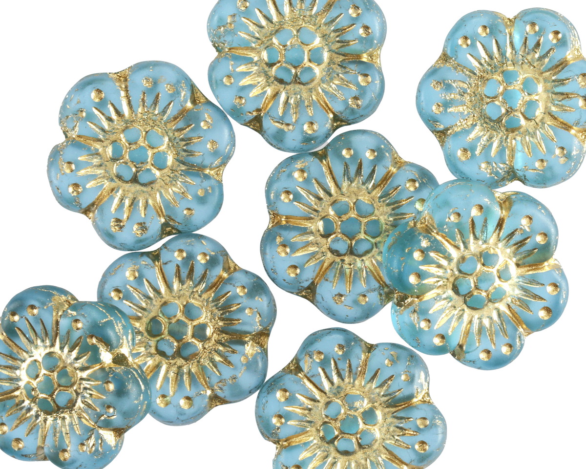 Czech Glass Matte Aquamarine w/ Gold Wild Rose Coin 13mm