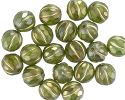 Czech Glass Matte Olivine AB w/ Gold Faceted Melon Round 8mm