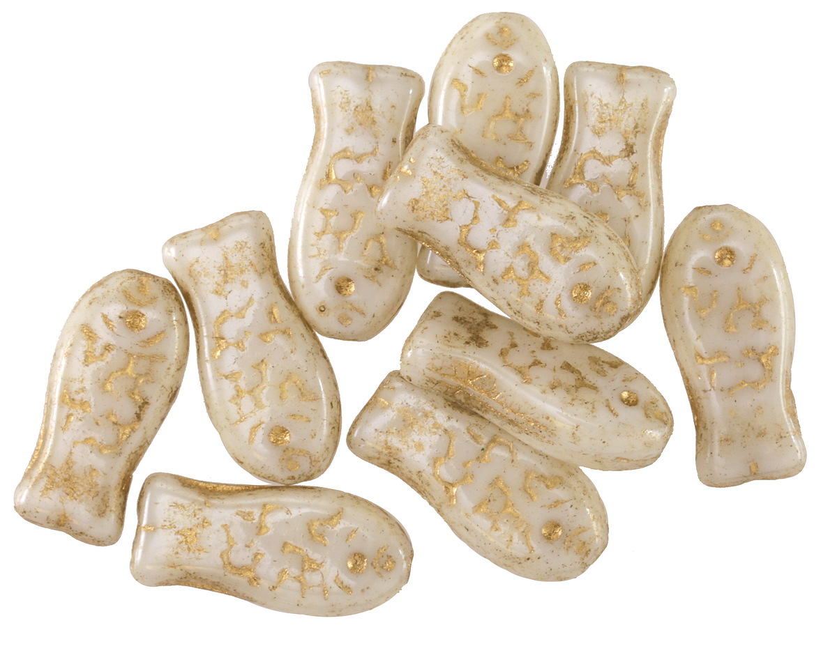 Czech Glass Lustered Bisque w/ Gold Goldfish 14x7mm