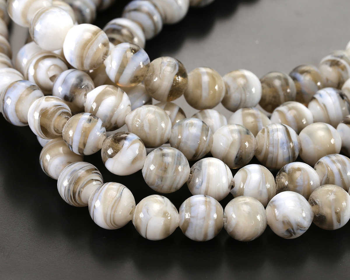 Silver & White Swirl Lampwork Glass Round 10mm