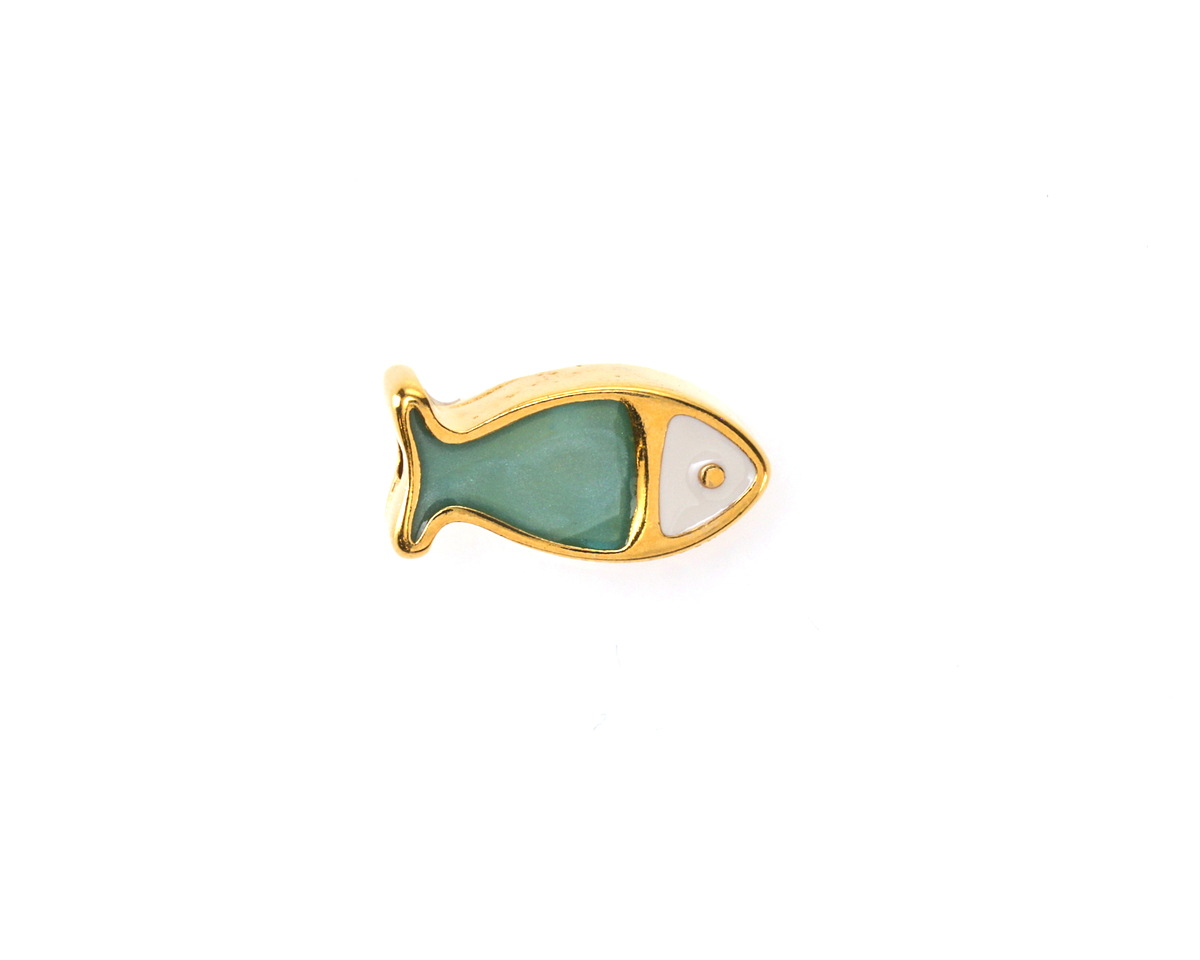 24K Gold (plated) White & Turquoise Pearl Enamel Fish Bead 15x7mm