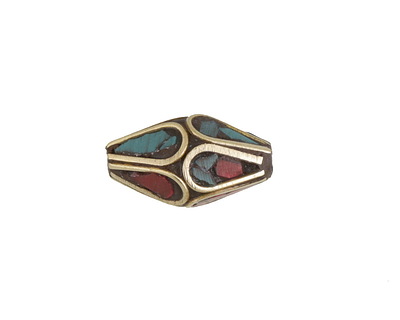 Nepalese Brass Rice Bead w/ Turquoise & Coral Mosaic Petals 16-20x8-10mm