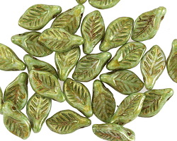 Czech Glass Green Stone w/ Bronze Luster Leaf Drop 6x12mm