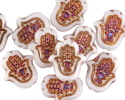 Czech Glass Matte White w/ Metallic Rainbow Hamsa Hand 15x14mm